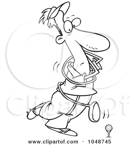 Royalty-Free (RF) Clip Art Illustration of a Cartoon Black And White Outline Design Of A Swinging Golfer Getting Tangled In A Club by toonaday