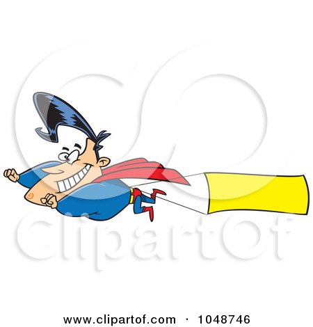 Royalty-Free (RF) Clip Art Illustration of a Cartoon Super Hero Flying A Sign Banner by toonaday