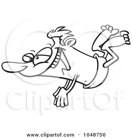 Royalty-Free (RF) Clip Art Illustration of a Cartoon Black And White Outline Design Of A Man Swan Diving by toonaday