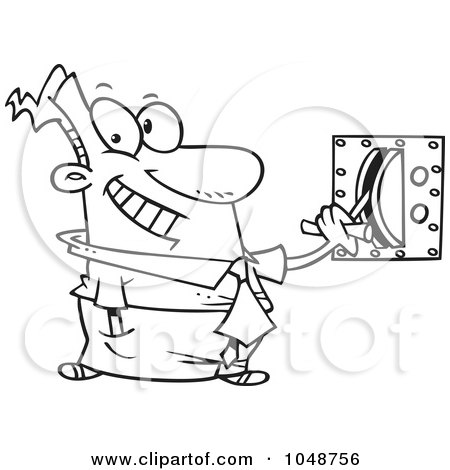Royalty-Free (RF) Clip Art Illustration of a Cartoon Black And White Outline Design Of A Businessman Flipping A Switch by toonaday