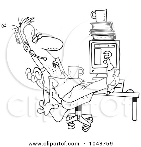 Royalty-Free (RF) Clip Art Illustration of a Cartoon Black And White Outline Design Of A Disgusting Customer Support Worker by toonaday