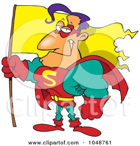 Royalty-Free (RF) Clip Art Illustration of a Cartoon Super Guy Holding A Flag by toonaday