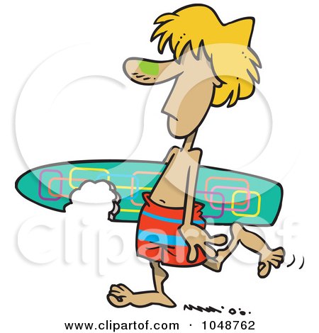 Royalty-Free (RF) Clip Art Illustration of a Cartoon Surfer Dude Carrying A Shark Bitten Board by toonaday