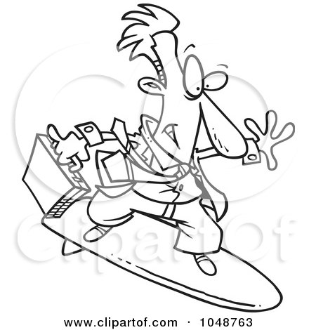 Royalty-Free (RF) Clip Art Illustration of a Cartoon Black And White Outline Design Of A Surfing Businessman by toonaday