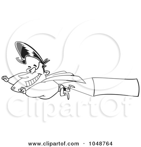 Royalty-Free (RF) Clip Art Illustration of a Cartoon Black And White Outline Design Of A Super Hero Flying A Sign Banner by toonaday
