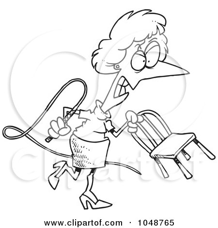 Royalty-Free (RF) Clip Art Illustration of a Cartoon Black And White Outline Design Of A Mean Businesswoman With A Whip by toonaday