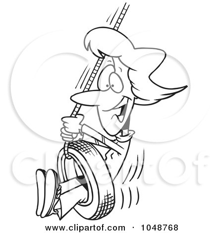 Royalty-Free (RF) Clip Art Illustration of a Cartoon Black And White Outline Design Of A Woman Playing On A Tire Swing by toonaday