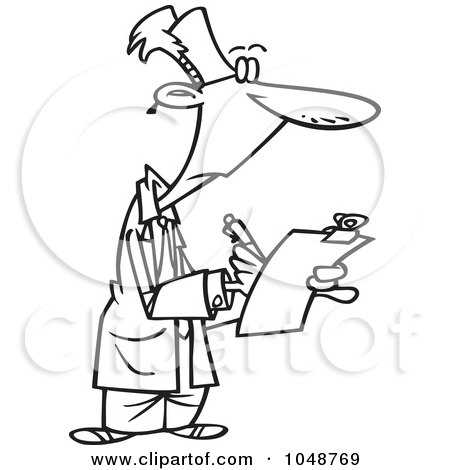 Royalty-Free (RF) Clip Art Illustration of a Cartoon Black And White Outline Design Of A Supervisor Filling Out A Survey by toonaday