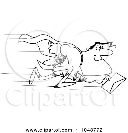 Royalty-Free (RF) Clip Art Illustration of a Cartoon Black And White Outline Design Of A Super Man Rushing A Letter by toonaday