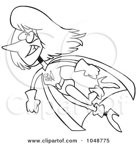 Royalty-Free (RF) Clip Art Illustration of a Cartoon Black And White Outline Design Of A Super Mom Flying by toonaday