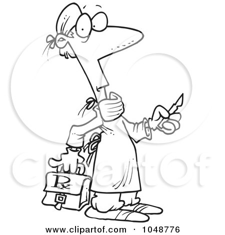 Royalty-Free (RF) Clip Art Illustration of a Cartoon Black And White Outline Design Of A Surgeon Holding A Scalpel by toonaday