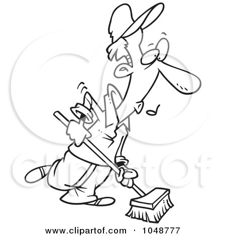 Royalty-Free (RF) Clip Art Illustration of a Cartoon Black And White Outline Design Of A Janitor Using A Push Broom by toonaday