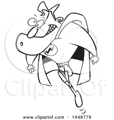 Royalty-Free (RF) Clip Art Illustration of a Cartoon Black And White Outline Design Of A Running Super Guy by toonaday