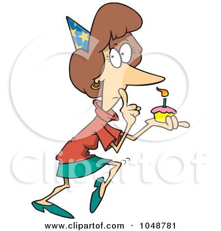 Royalty-Free (RF) Clip Art Illustration of a Cartoon Secretive Woman Holding A Birthday Cupcake by toonaday