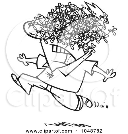 Royalty-Free (RF) Clip Art Illustration of a Cartoon Black And White Outline Design Of A Man Being Attacked By A Swarm Of Bees by toonaday