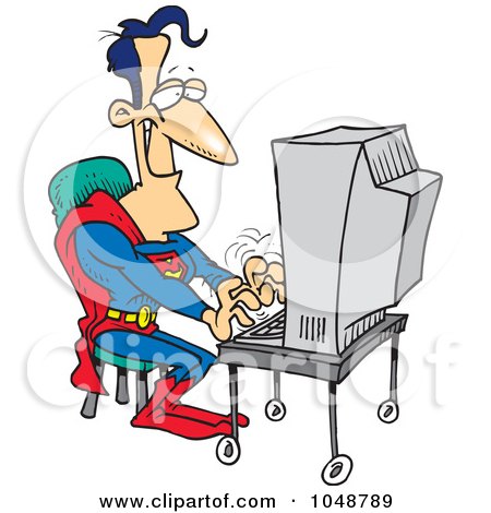 Royalty-Free (RF) Clip Art Illustration of a Cartoon Super Guy Using A Computer by toonaday