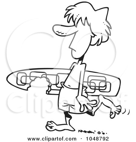 Royalty-Free (RF) Clip Art Illustration of a Cartoon Black And White Outline Design Of A Surfer Dude Carrying A Shark Bitten Board by toonaday