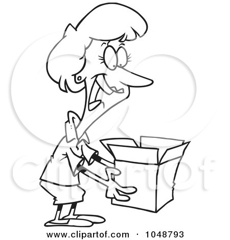 Royalty-Free (RF) Clip Art Illustration of a Cartoon Black And White Outline Design Of A Woman Holding A Surprise In A Box by toonaday