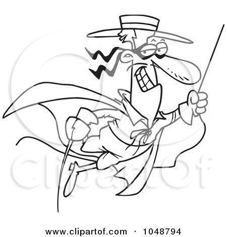 Royalty-Free (RF) Clip Art Illustration of a Cartoon Black And White Outline Design Of A Swinging Swashbuckler by toonaday