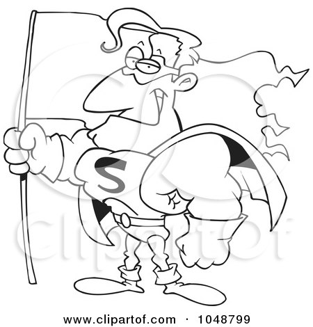 Royalty-Free (RF) Clip Art Illustration of a Cartoon Black And White Outline Design Of A Super Guy Holding A Flag by toonaday