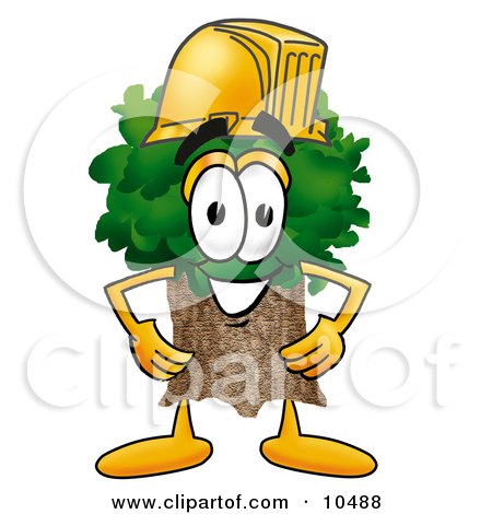 Clipart Picture of a Tree Mascot Cartoon Character Wearing a Helmet by Mascot Junction