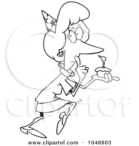 Royalty-Free (RF) Clip Art Illustration of a Cartoon Black And White Outline Design Of A Secretive Woman Holding A Birthday Cupcake by toonaday