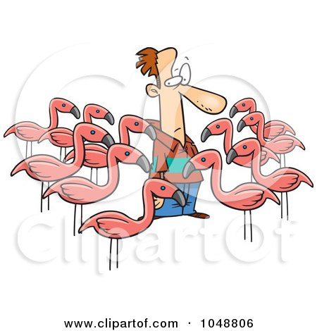 Royalty-Free (RF) Clip Art Illustration of Cartoon Yard Flamingos Surrounding A Man by toonaday