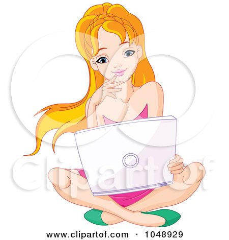 Royalty-Free (RF) Clip Art Illustration of a Girl Sitting On A Floor With A Laptop by Pushkin