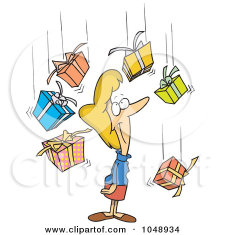 Royalty-Free (RF) Clip Art Illustration of a Cartoon Woman Being Showered In Gifts by toonaday