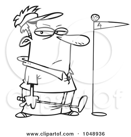 Royalty-Free (RF) Clip Art Illustration of a Line Art Design Of A Grumpy Golfer With The Ball On Top Of The Flag by toonaday