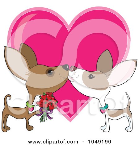 Royalty-Free (RF) Clip Art Illustration of a Valentine Chihuahua Couple Smooching Over A Heart by Maria Bell