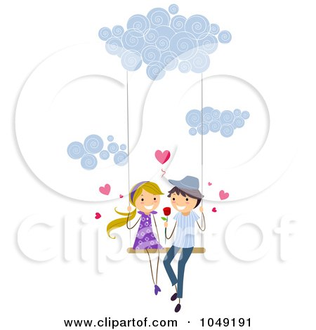 Royalty-Free (RF) Clip Art Illustration of a Valentine Stick Couple Swinging In The Clouds by BNP Design Studio