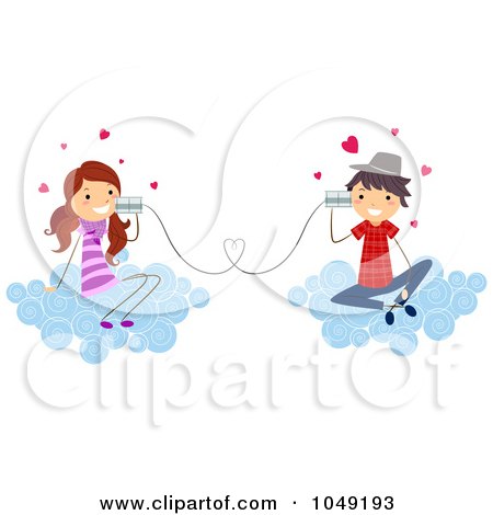Royalty-Free (RF) Clip Art Illustration of a Valentine Stick Kid Couple Talking With Can Phones On Clouds by BNP Design Studio