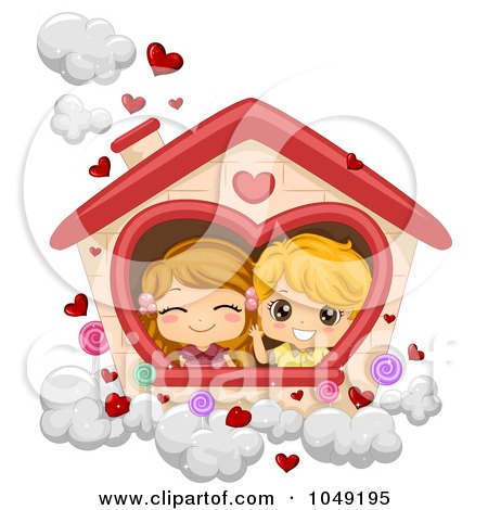 Royalty-Free (RF) Clip Art Illustration of a Valentine Cartoon Couple Playing House In The Clouds by BNP Design Studio