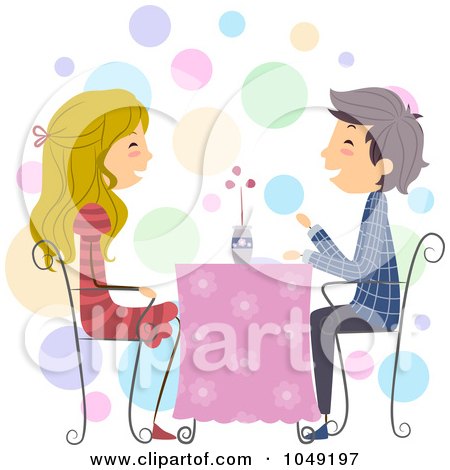 Royalty-Free (RF) Clip Art Illustration of a Valentine Stick Couple Dining At A Restaurant by BNP Design Studio