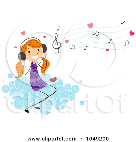 Royalty-Free (RF) Clip Art Illustration of a Valentine Stick Mail Girl Listening To Love Songs On A Cloud by BNP Design Studio