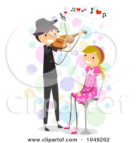 Royalty-Free (RF) Clip Art Illustration of a Valentine Stick Boy Playing A Violin For His Girlfriend by BNP Design Studio