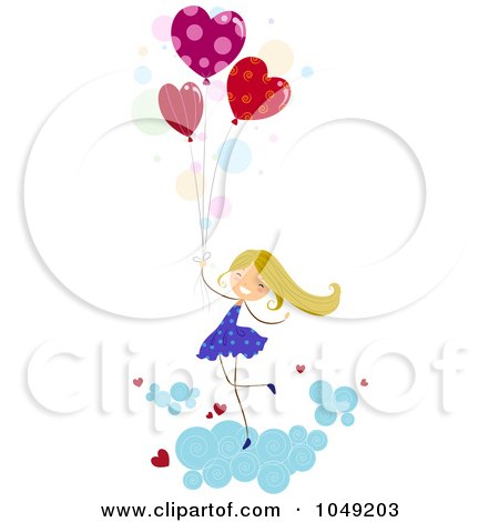 Royalty-Free (RF) Clip Art Illustration of a Valentine Stick Girl With Heart Balloons In The Clouds by BNP Design Studio