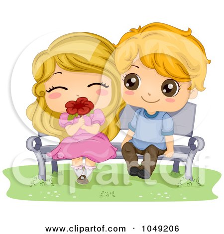 Royalty-Free (RF) Clip Art Illustration of a Valentine Cartoon Couple Sitting On A Bench With A Flower by BNP Design Studio