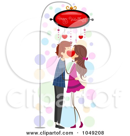 Royalty-Free (RF) Clip Art Illustration of a Valentine Stick Couple Kissing Under A Sign by BNP Design Studio