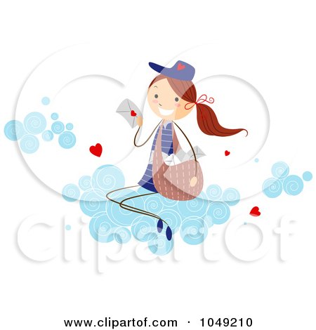 Royalty-Free (RF) Clip Art Illustration of a Valentine Stick Mail Girl Delivering Love Letters On A Cloud by BNP Design Studio