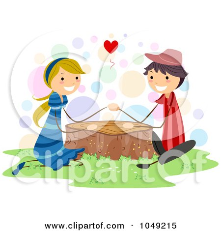 Royalty-Free (RF) Clip Art Illustration of a Valentine Stick  Couple Holding Hands Over A Tree Stump by BNP Design Studio
