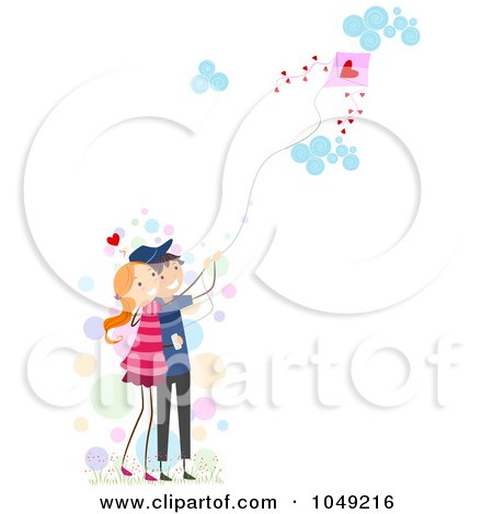 Royalty-Free (RF) Clip Art Illustration of a Valentine Stick Couple Flying A Kite by BNP Design Studio