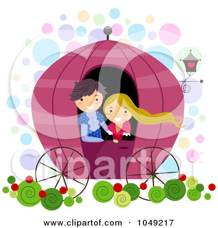 Royalty-Free (RF) Clip Art Illustration of a Valentine Stick Couple Riding In A Carriage by BNP Design Studio