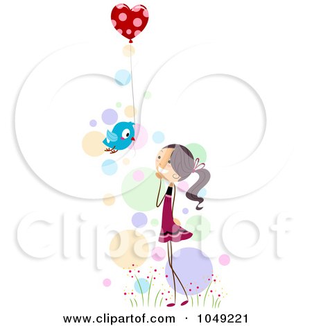 Royalty-Free (RF) Clip Art Illustration of a Valentine Stick Girl Recieving A Heart Balloon From A Bird by BNP Design Studio