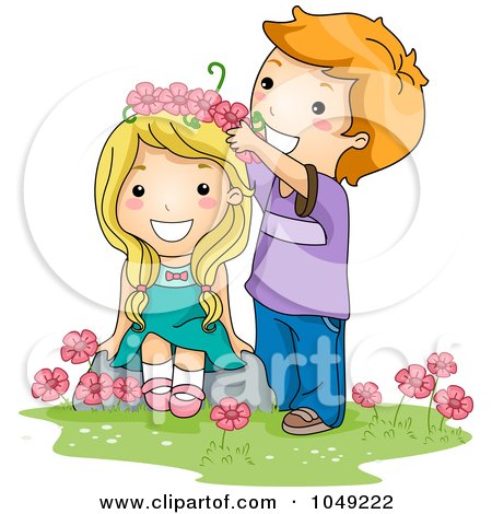 Royalty-Free (RF) Clip Art Illustration of a Valentine Cartoon Boy Putting A Flower Crown On A Girl by BNP Design Studio