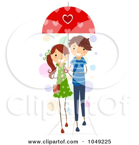Royalty-Free (RF) Clip Art Illustration of a Valentine Stick Couple Sharing An Umbrella by BNP Design Studio