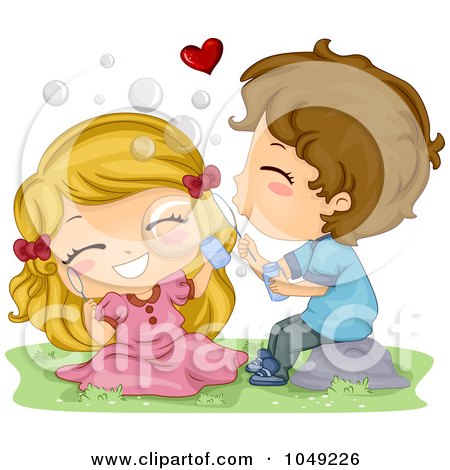 Royalty-Free (RF) Clip Art Illustration of a Valentine Cartoon Couple Blowing Bubbles by BNP Design Studio