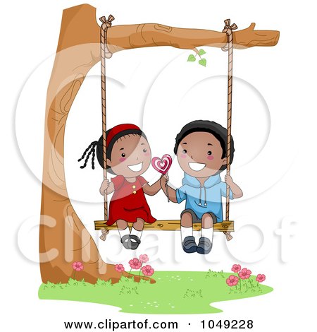 Royalty-Free (RF) Clip Art Illustration of a Valentine Cartoon Couple Sharing A Lolipop On A Swing by BNP Design Studio