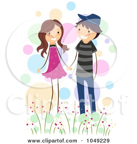 Royalty-Free (RF) Clip Art Illustration of a Valentine Stick Couple Holding Hands Outdoors by BNP Design Studio